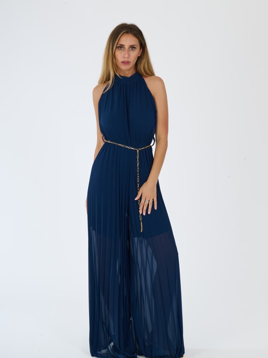 "Celestea" Jumpsuit – Plissé Jumpsuit with Crew Neck and Chain Waist