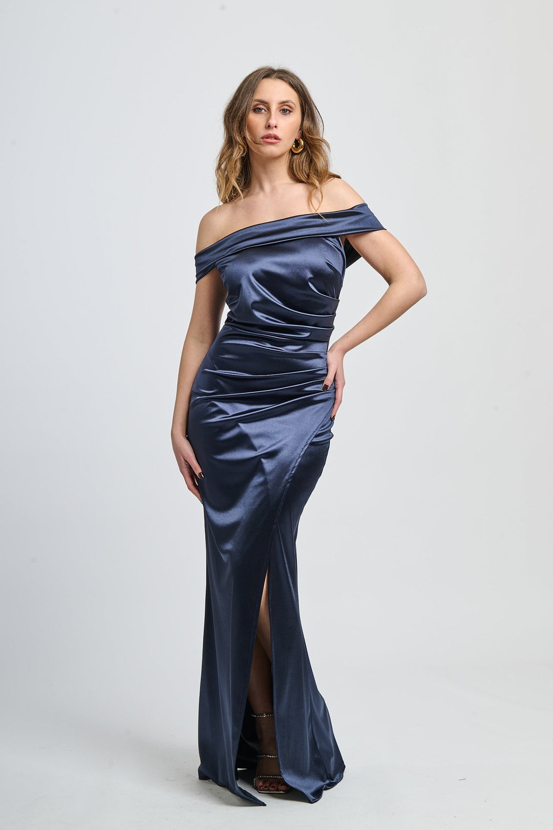 Draped Off-Shoulder Dress Light Blue