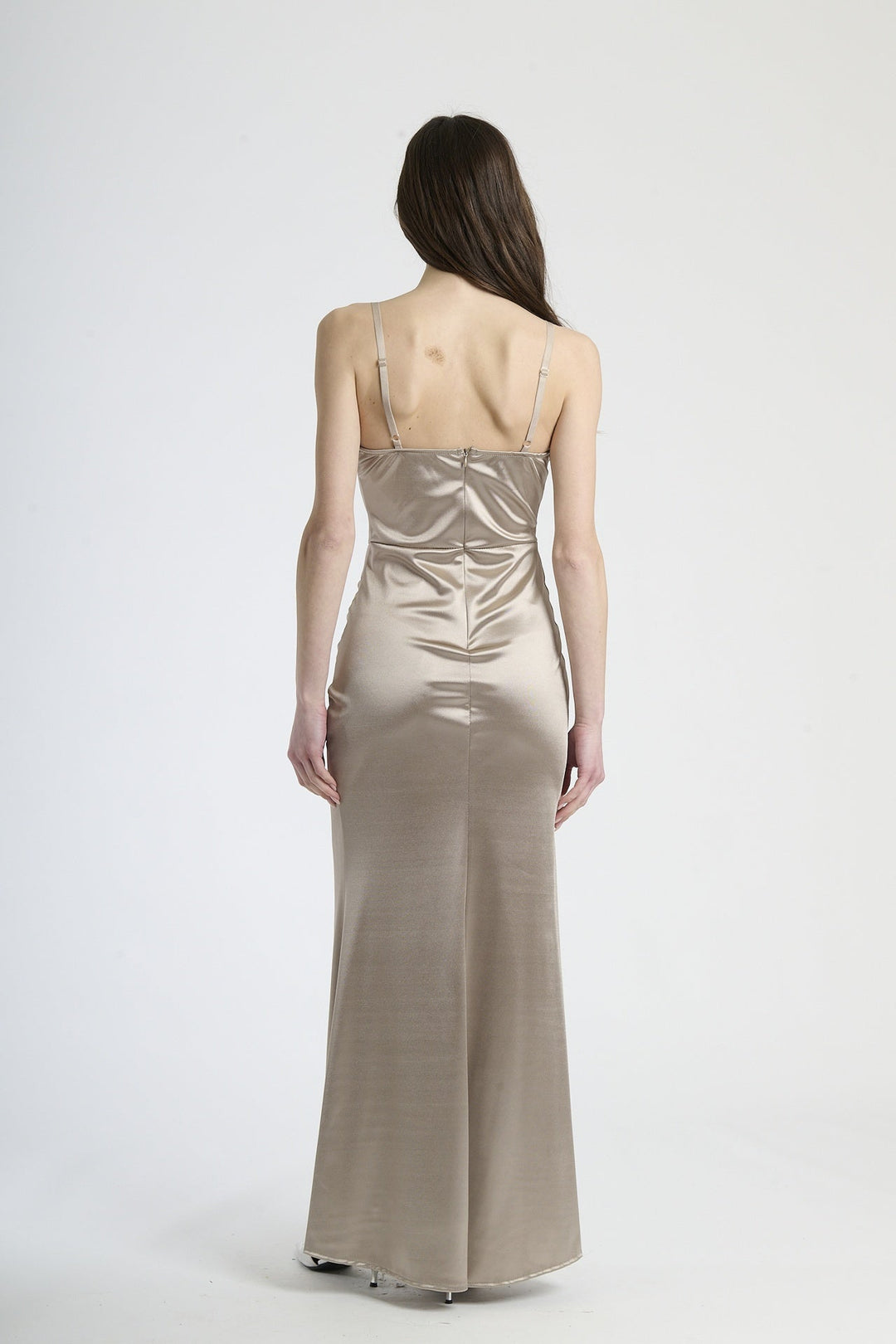 Satin dress with boned bodice and side slit Romina