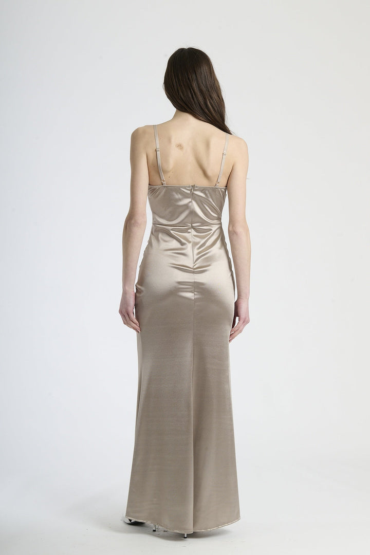 Satin dress with boned bodice and side slit Romina