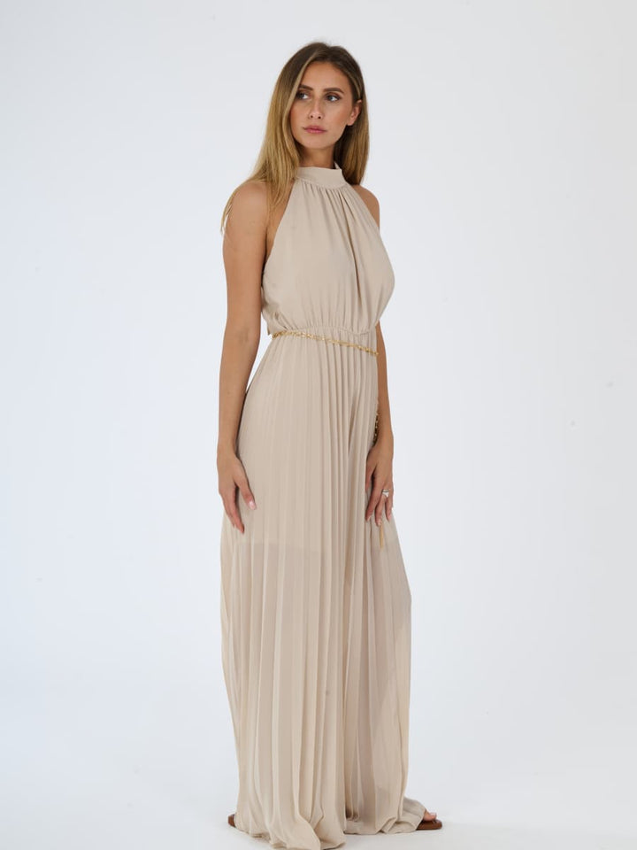 "Celestea" Jumpsuit – Plissé Jumpsuit with Crew Neck and Chain Waist