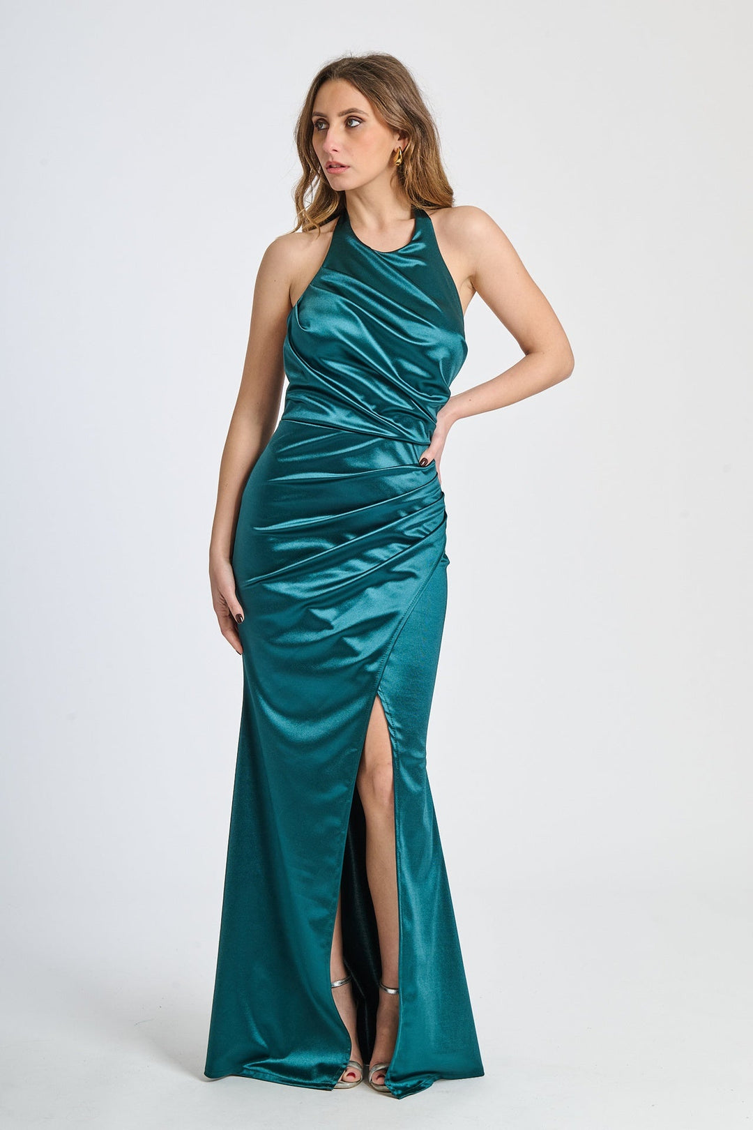 Draped Satin Dress with American Neckline Aria