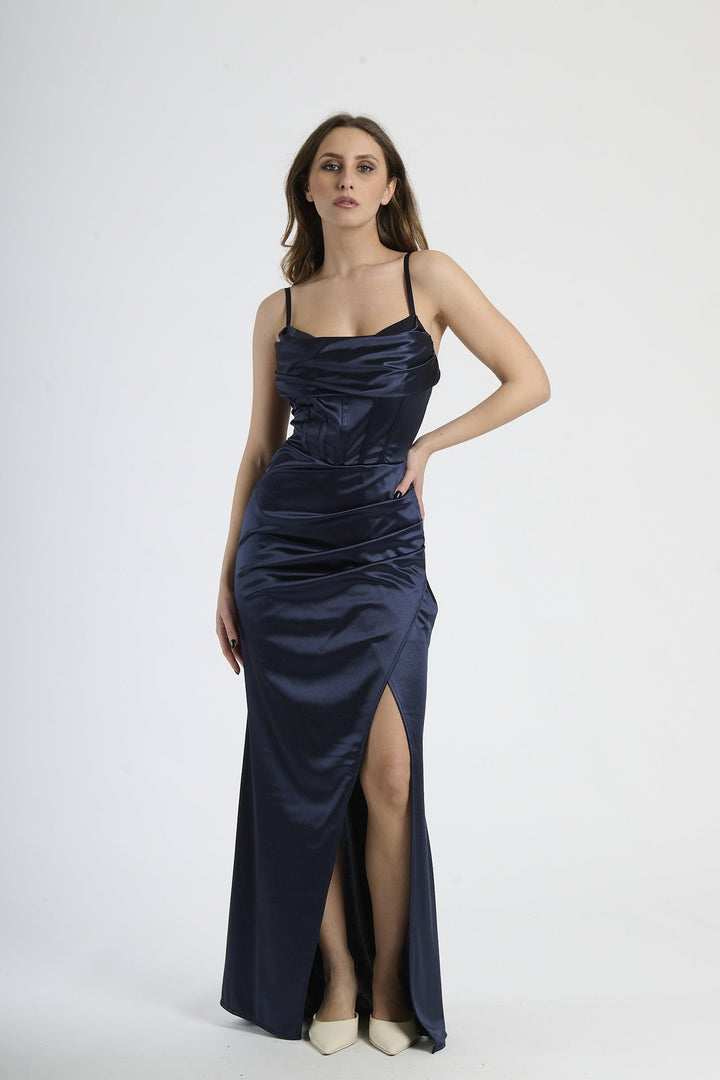 Satin dress with boned bodice and side slit Romina