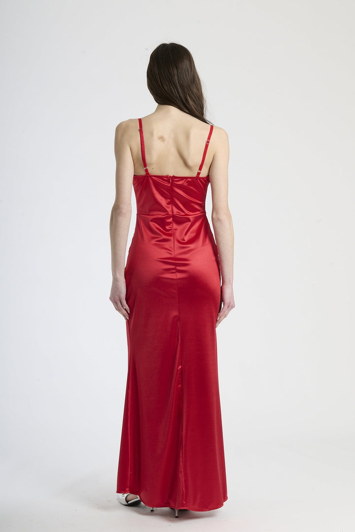 Satin dress with boned bodice and side slit Romina
