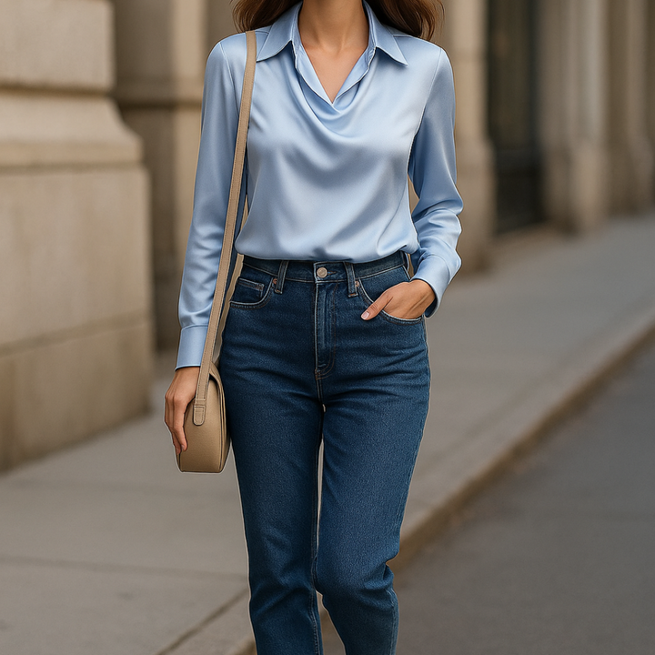 Laureline™ - Shiny Blouse with Pleated Collar – Chic & Timeless