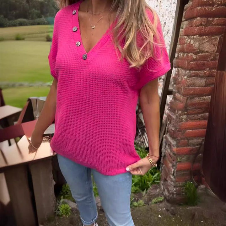 Adina™ - Elegant V-neck sweater with short sleeves and buttons