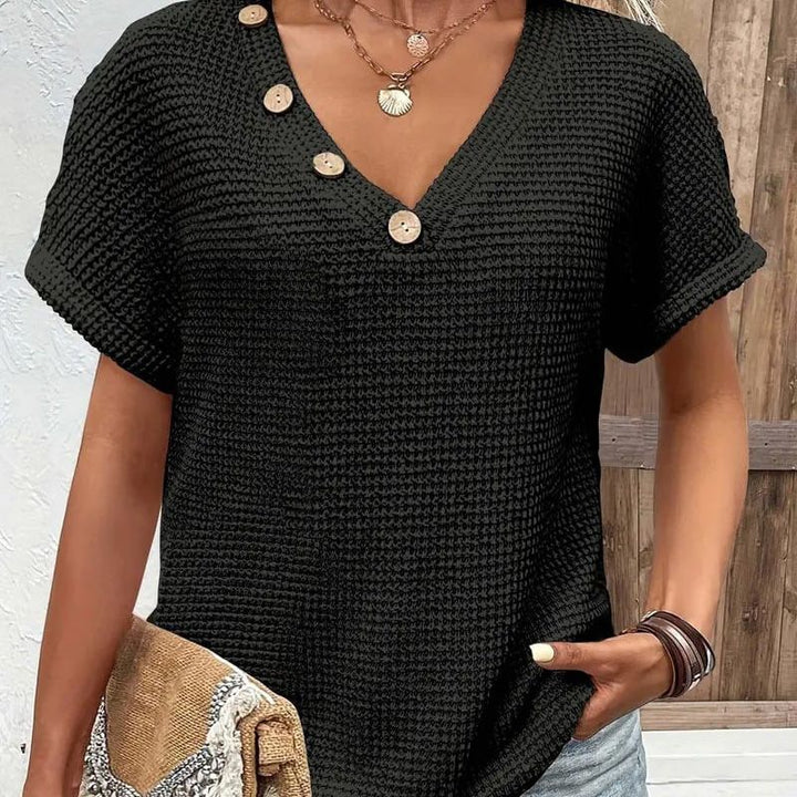 Adina™ - Elegant V-neck sweater with short sleeves and buttons