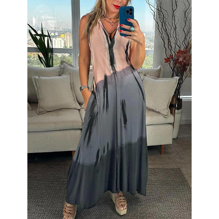 Calista™ - Sleeveless Tie-Dye Dress with Collar and V-Neck