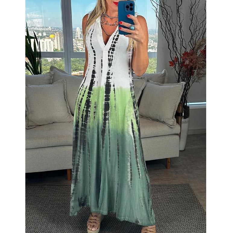 Calista™ - Sleeveless Tie-Dye Dress with Collar and V-Neck