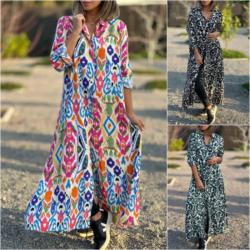 Ivonne™ - Long Floral Dress with Long Sleeves and Shirt Collar