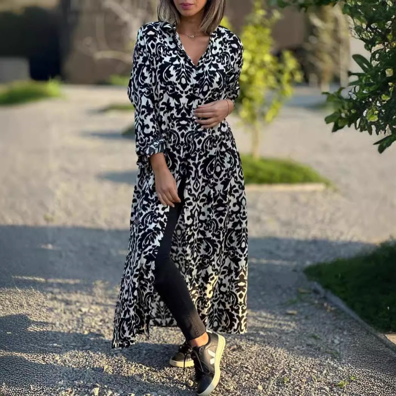 Ivonne™ - Long Floral Dress with Long Sleeves and Shirt Collar