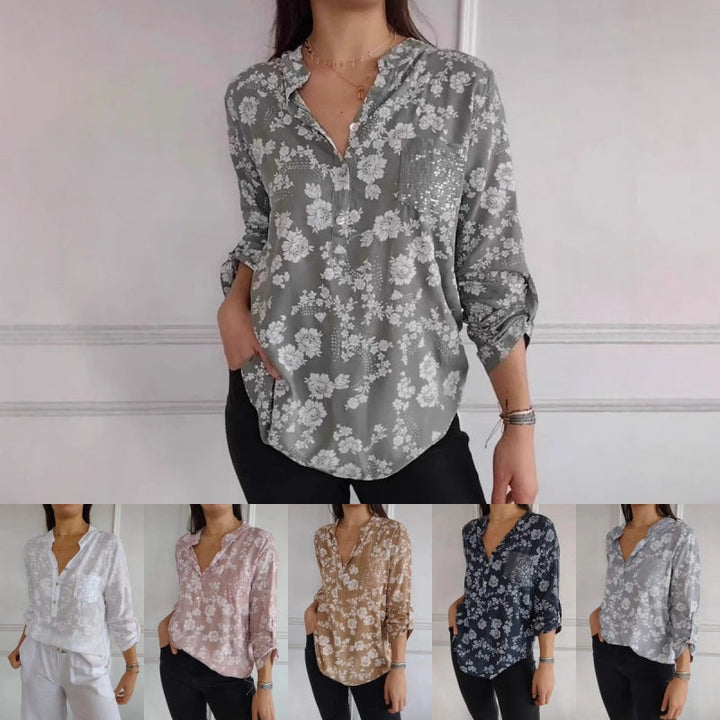 Avice™ - Long Sleeve Floral Blouse with Sparkling Pocket