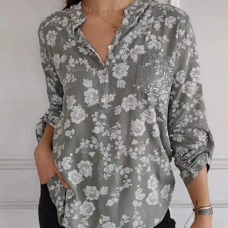 Avice™ - Long Sleeve Floral Blouse with Sparkling Pocket