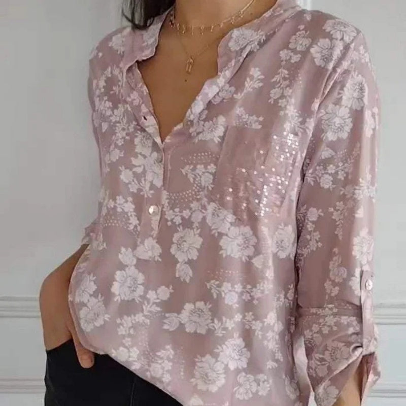Avice™ - Long Sleeve Floral Blouse with Sparkling Pocket