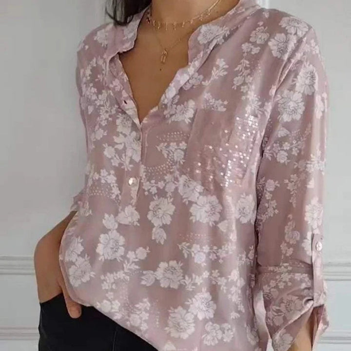 Avice™ - Long Sleeve Floral Blouse with Sparkling Pocket