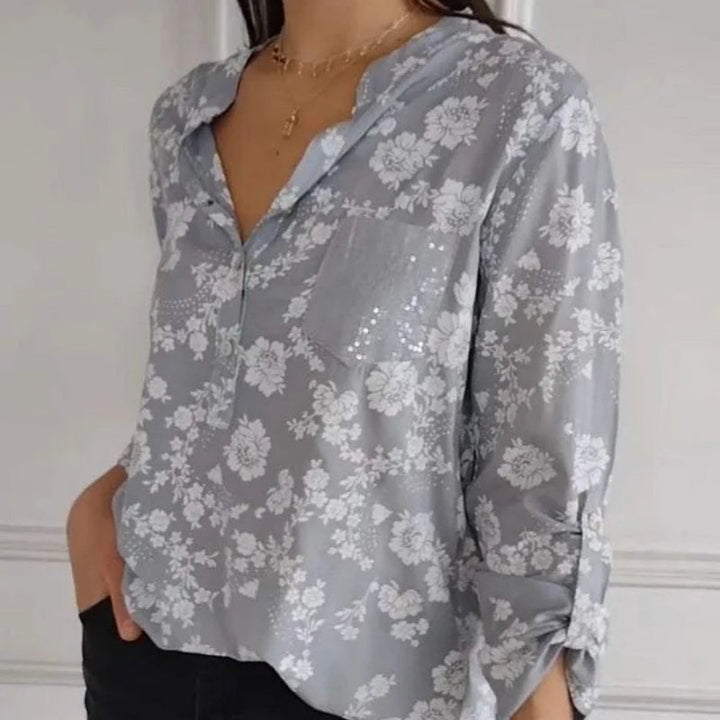 Avice™ - Long Sleeve Floral Blouse with Sparkling Pocket
