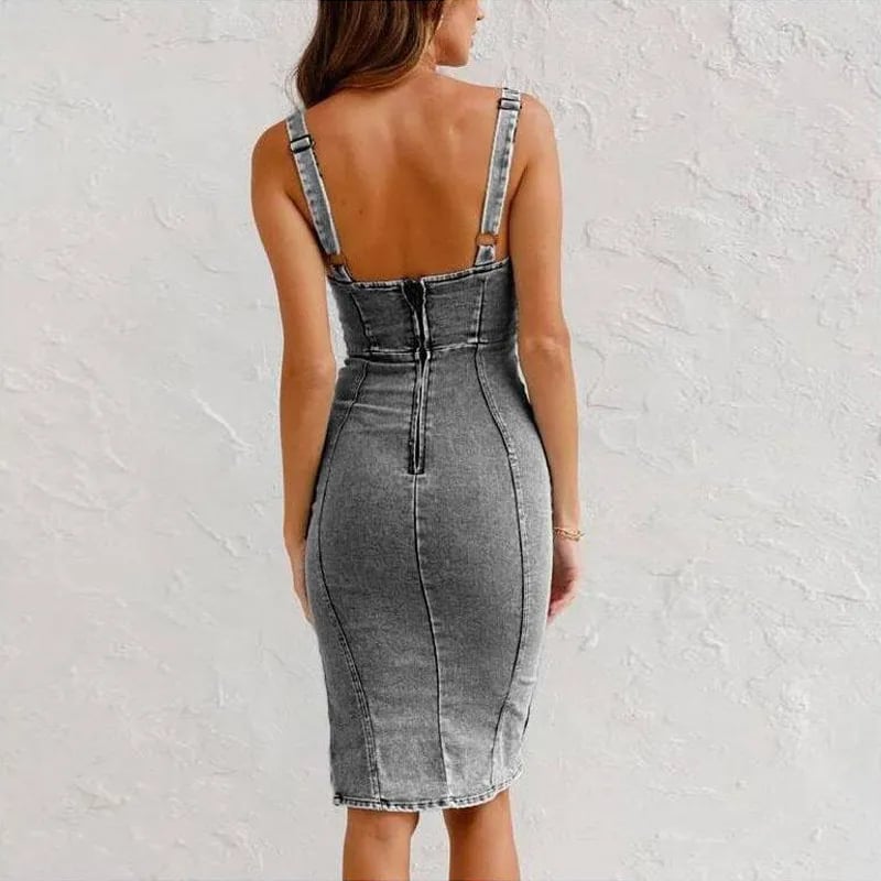 Estelle™ - Adjustable Strap Bodycon Denim Dress with U-Neck and Slit
