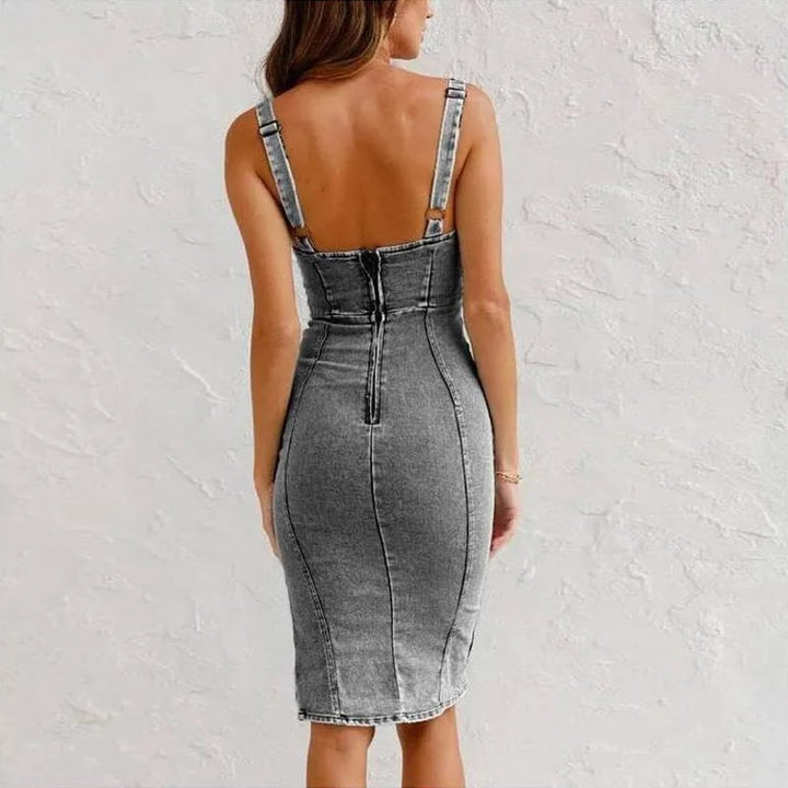 Estelle™ - Adjustable Strap Bodycon Denim Dress with U-Neck and Slit