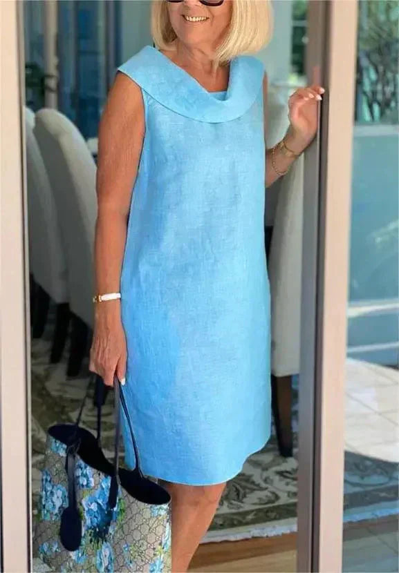 Stella™ - Elegant High Neck Cotton and Linen Dress