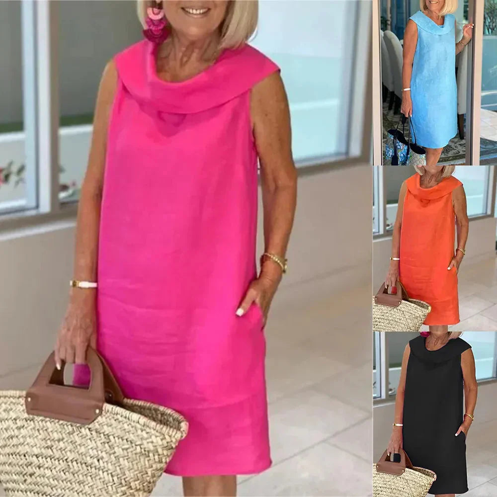 Stella™ - Elegant High Neck Cotton and Linen Dress