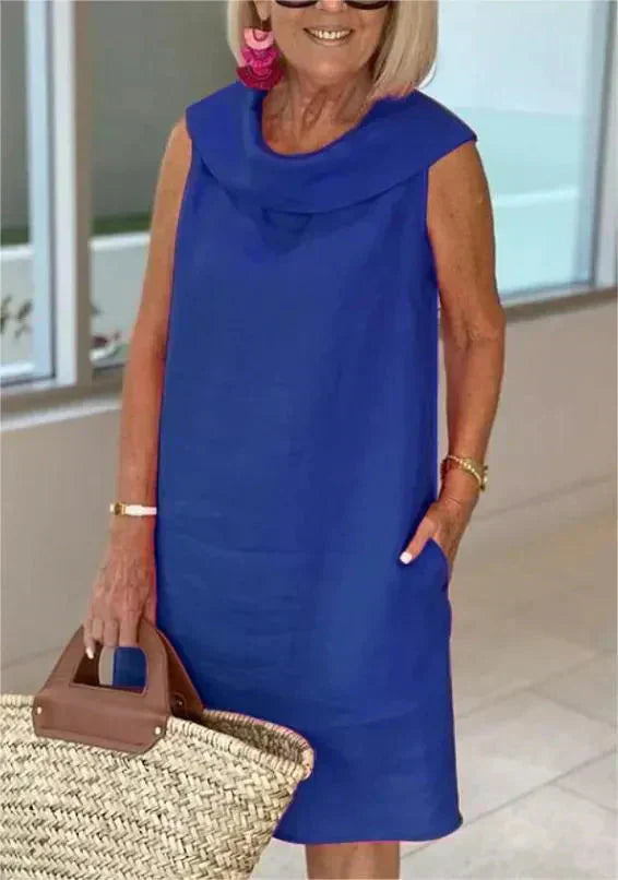 Stella™ - Elegant High Neck Cotton and Linen Dress