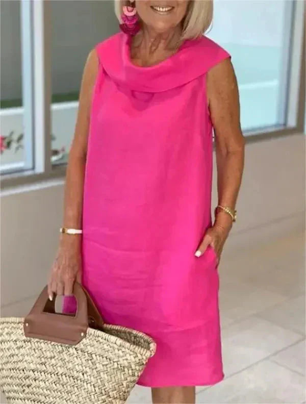 Stella™ - Elegant High Neck Cotton and Linen Dress
