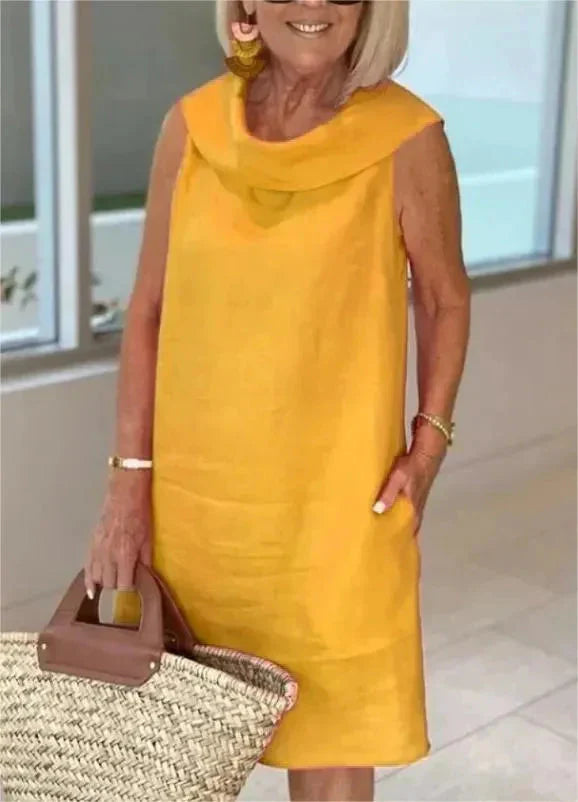 Stella™ - Elegant High Neck Cotton and Linen Dress