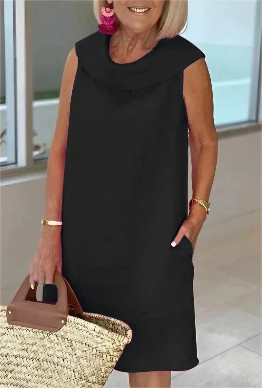 Stella™ - Elegant High Neck Cotton and Linen Dress