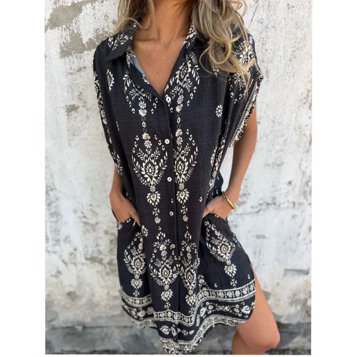 Sylviane™ - Loose-Fitting Short Sleeve Printed Dress with Pockets
