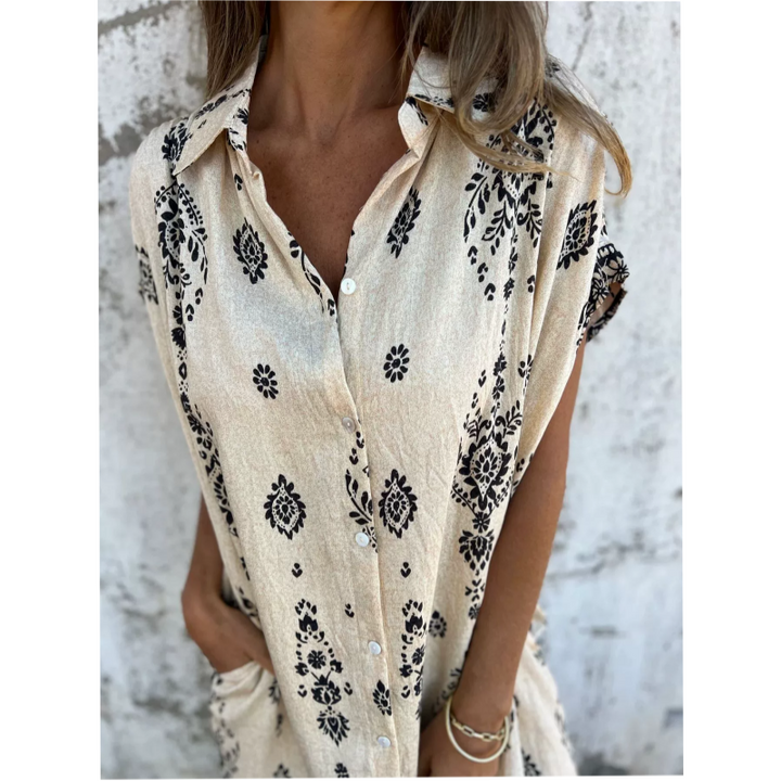 Sylviane™ - Loose-Fitting Short Sleeve Printed Dress with Pockets