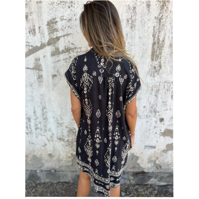 Sylviane™ - Loose-Fitting Short Sleeve Printed Dress with Pockets