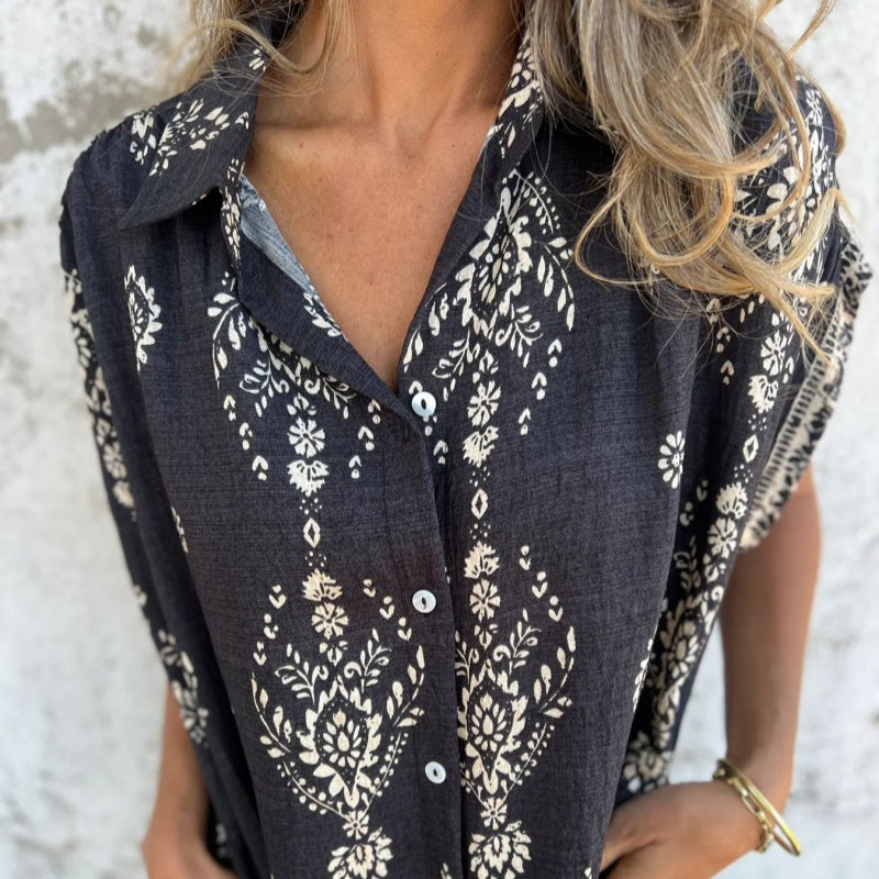 Sylviane™ - Loose-Fitting Short Sleeve Printed Dress with Pockets