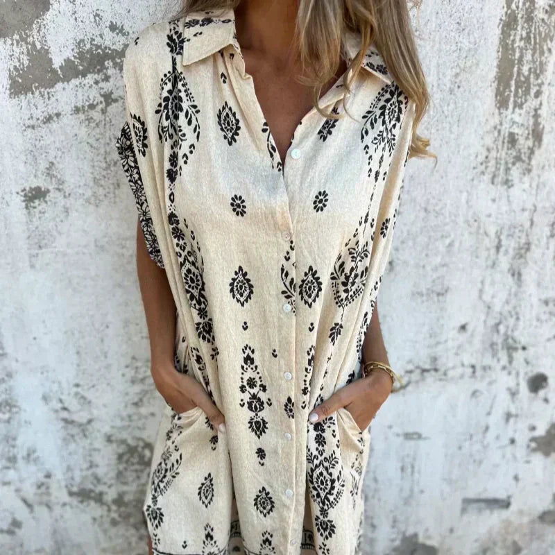 Sylviane™ - Loose-Fitting Short Sleeve Printed Dress with Pockets