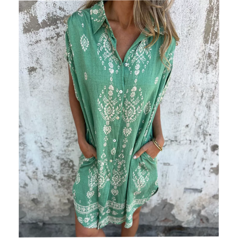 Sylviane™ - Loose-Fitting Short Sleeve Printed Dress with Pockets