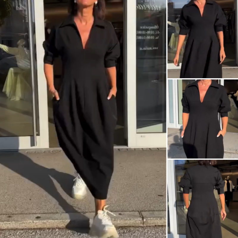 Stéphanie™ - Elegant Midi Dress with Revers and V-Neck