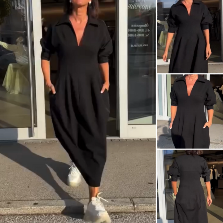 Stéphanie™ - Elegant Midi Dress with Revers and V-Neck