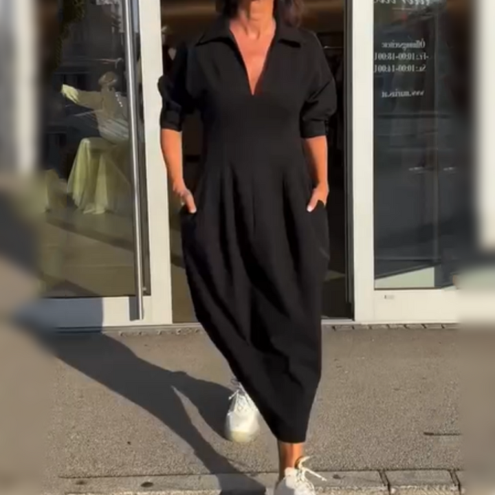 Stéphanie™ - Elegant Midi Dress with Revers and V-Neck