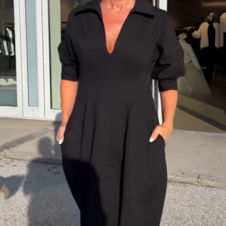 Stéphanie™ - Elegant Midi Dress with Revers and V-Neck