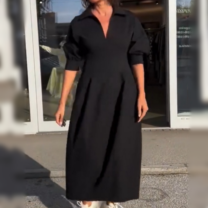 Stéphanie™ - Elegant Midi Dress with Revers and V-Neck