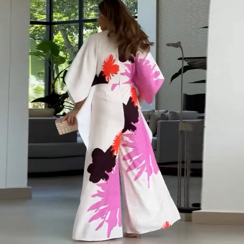 Séverine™ - Floral Jumpsuit with Irregular Sleeves and Wide Legs