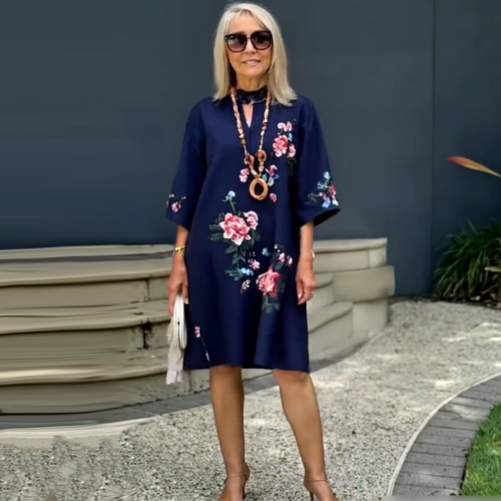 Yolanda™ - Loose Floral Cotton and Linen Dress with V-Neck