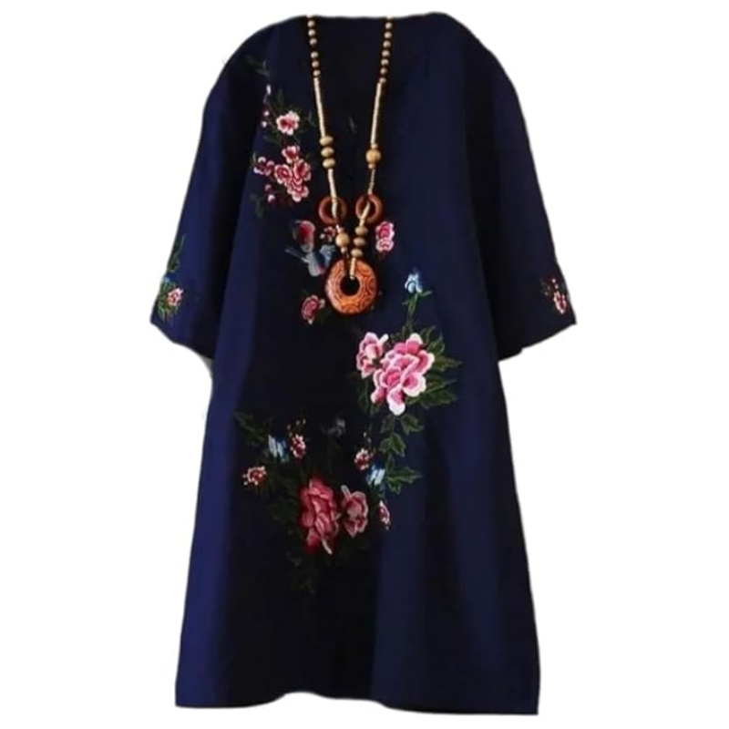 Yolanda™ - Loose Floral Cotton and Linen Dress with V-Neck