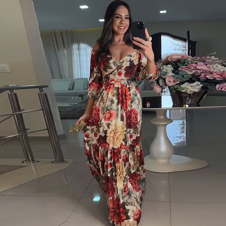 Paulina™ - Pleated Floral Dress with V-Neck