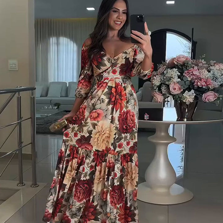Paulina™ - Pleated Floral Dress with V-Neck