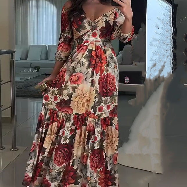 Paulina™ - Pleated Floral Dress with V-Neck