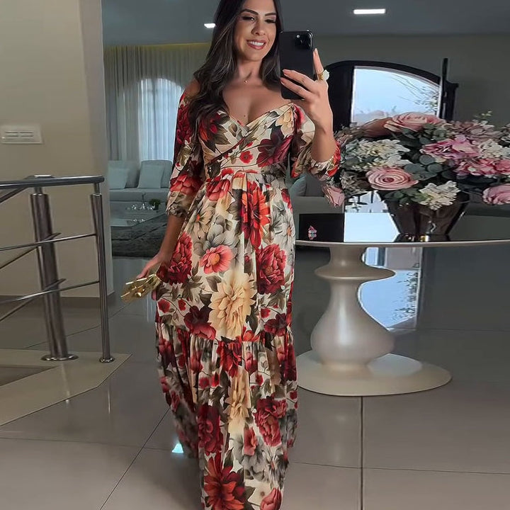 Paulina™ - Pleated Floral Dress with V-Neck