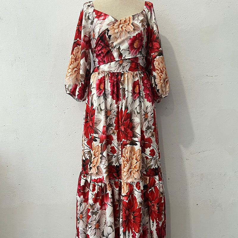 Paulina™ - Pleated Floral Dress with V-Neck