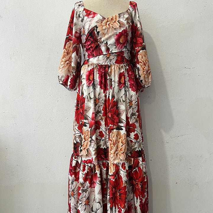 Paulina™ - Pleated Floral Dress with V-Neck